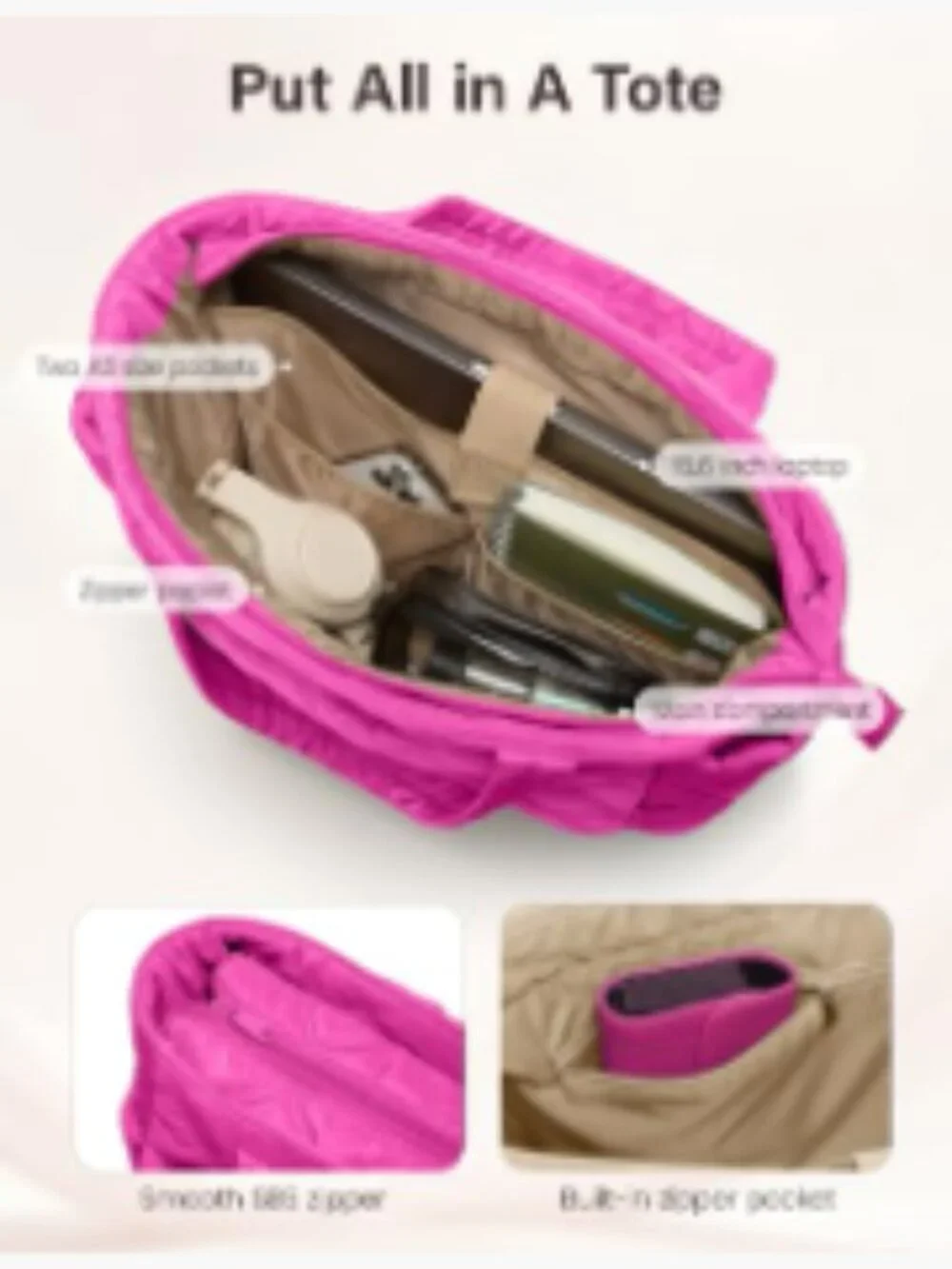 Lightweight Puffer Tote Bag with Compartments for Women Work Travel Laptop Bag